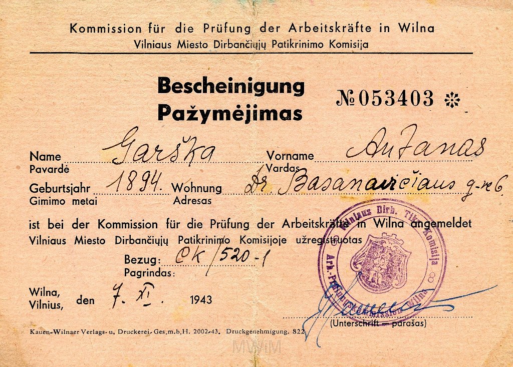 KKE 5707-1.jpg - (litewski) Dok. Karty Kontrolne wydane przez Komisję Kontroli dla Antoniego i Katarzyny Graszko, Wilno, 7 XI 1943 r.